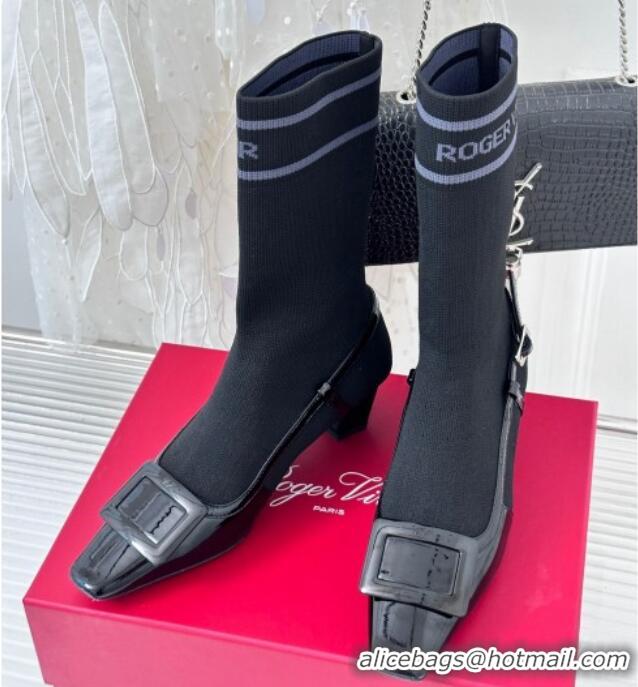 Good Quality Roger Vivier Belle Vivier Sock Lacquered Buckle Ankle Boots 4.5cm in Patent Leather Black 831041