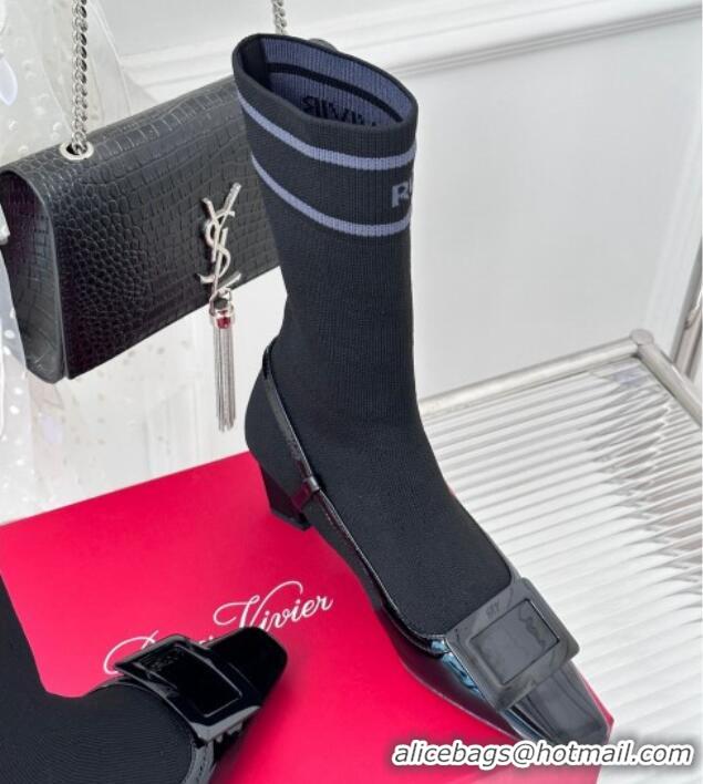 Good Quality Roger Vivier Belle Vivier Sock Lacquered Buckle Ankle Boots 4.5cm in Patent Leather Black 831041