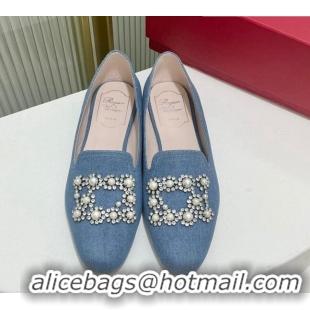 Top Grade Roger Vivier Pearl Embroidered Buckle Loafers in Denim Light Blue 902077