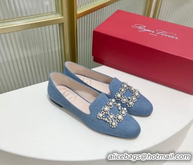 Top Grade Roger Vivier Pearl Embroidered Buckle Loafers in Denim Light Blue 902077