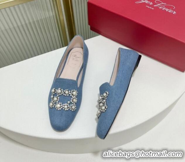 Top Grade Roger Vivier Pearl Embroidered Buckle Loafers in Denim Light Blue 902077