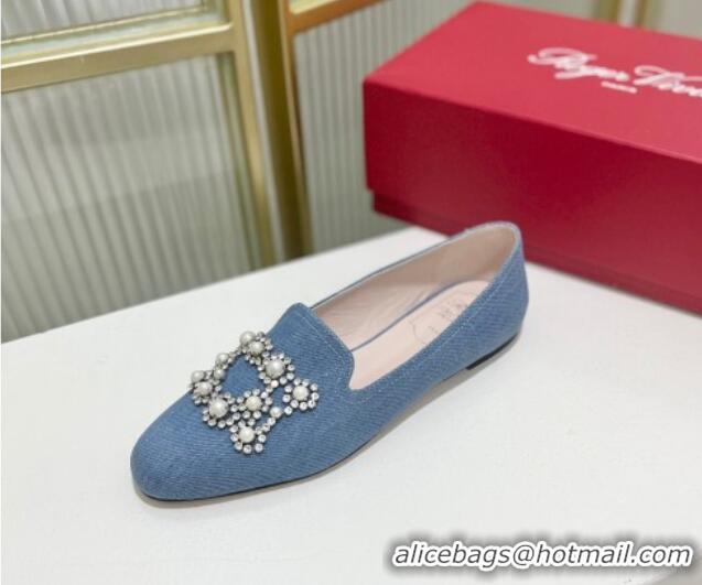 Top Grade Roger Vivier Pearl Embroidered Buckle Loafers in Denim Light Blue 902077