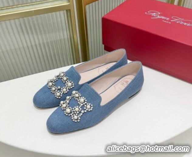 Top Grade Roger Vivier Pearl Embroidered Buckle Loafers in Denim Light Blue 902077