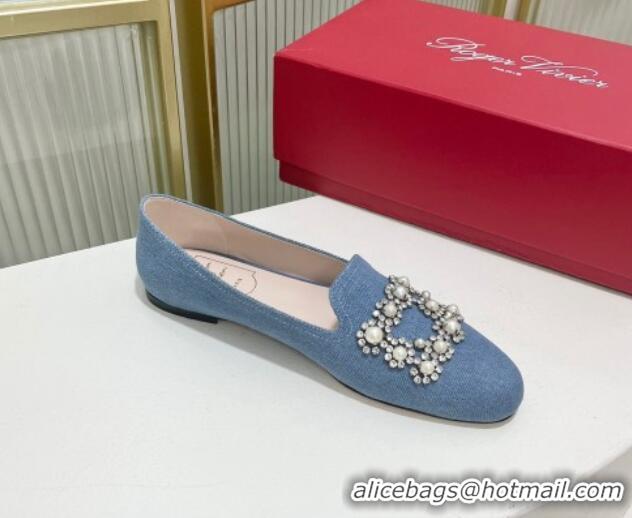 Top Grade Roger Vivier Pearl Embroidered Buckle Loafers in Denim Light Blue 902077