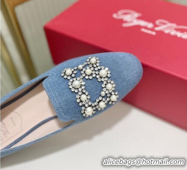 Top Grade Roger Vivier Pearl Embroidered Buckle Loafers in Denim Light Blue 902077