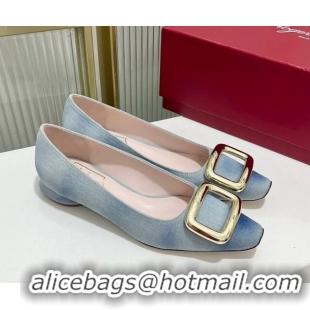 Luxurious Roger Vivier Viv' Choc Metal Buckle Ballerinas in Denim Light Blue 902079