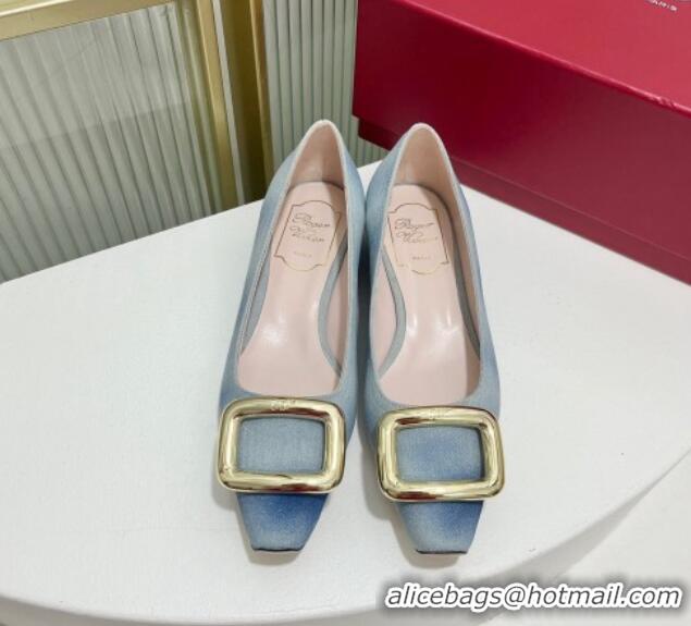 Luxurious Roger Vivier Viv' Choc Metal Buckle Ballerinas in Denim Light Blue 902079