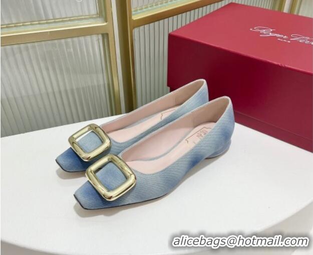 Luxurious Roger Vivier Viv' Choc Metal Buckle Ballerinas in Denim Light Blue 902079