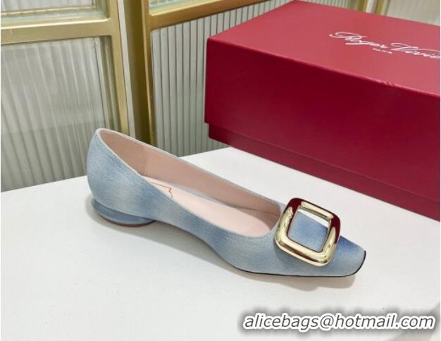 Luxurious Roger Vivier Viv' Choc Metal Buckle Ballerinas in Denim Light Blue 902079