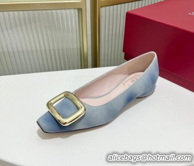 Luxurious Roger Vivier Viv' Choc Metal Buckle Ballerinas in Denim Light Blue 902079