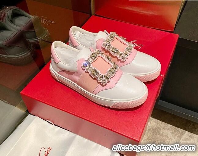 Best Grade Roger Vivier Very Vivier Strass Buckle Sneakers in Leather White/Light Pink 904080