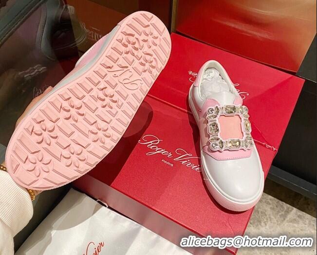 Best Grade Roger Vivier Very Vivier Strass Buckle Sneakers in Leather White/Light Pink 904080