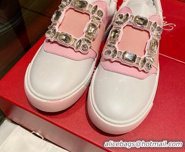 Best Grade Roger Vivier Very Vivier Strass Buckle Sneakers in Leather White/Light Pink 904080