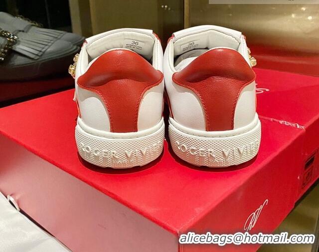 Low Cost Roger Vivier Tassel Strass Buckle Sneakers in Leather White/Red 904082