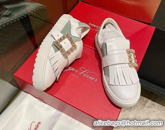 Classic Hot Roger Vivier Tassel Strass Buckle Sneakers in Leather White/Grey 904083