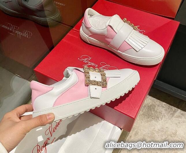 Low Price Roger Vivier Tassel Strass Buckle Sneakers in Leather White/Light Pink 904084