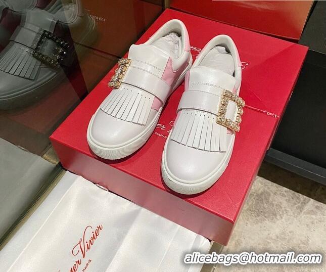 Low Price Roger Vivier Tassel Strass Buckle Sneakers in Leather White/Light Pink 904084