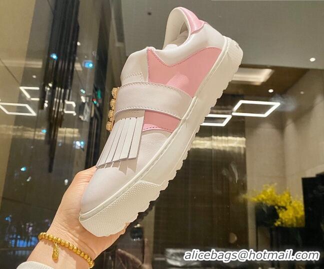 Low Price Roger Vivier Tassel Strass Buckle Sneakers in Leather White/Light Pink 904084