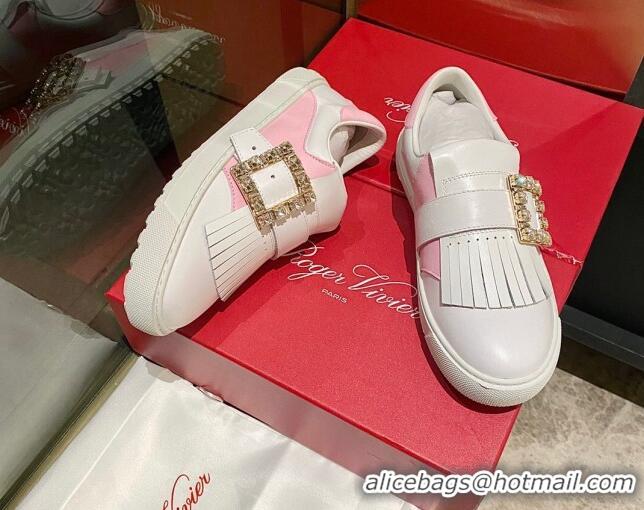 Low Price Roger Vivier Tassel Strass Buckle Sneakers in Leather White/Light Pink 904084