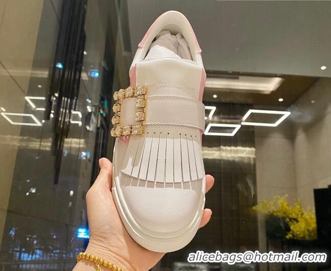 Low Price Roger Vivier Tassel Strass Buckle Sneakers in Leather White/Light Pink 904084