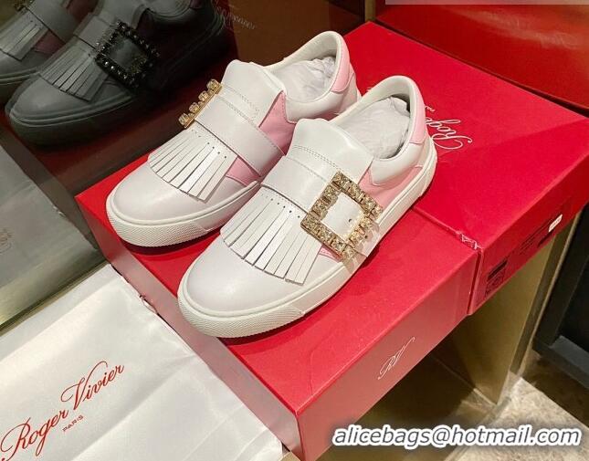 Low Price Roger Vivier Tassel Strass Buckle Sneakers in Leather White/Light Pink 904084