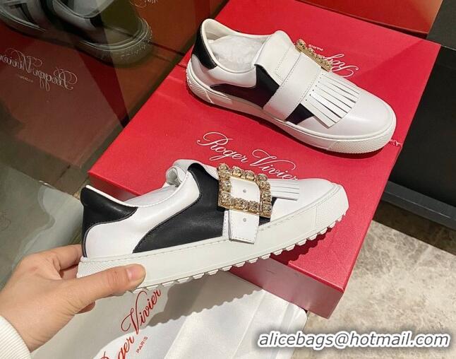 Charming Roger Vivier Tassel Strass Buckle Sneakers in Leather White/Black 904085