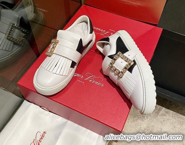 Charming Roger Vivier Tassel Strass Buckle Sneakers in Leather White/Black 904085