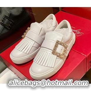 Cheap Price Roger Vivier Tassel Strass Buckle Sneakers in Leather White 904086