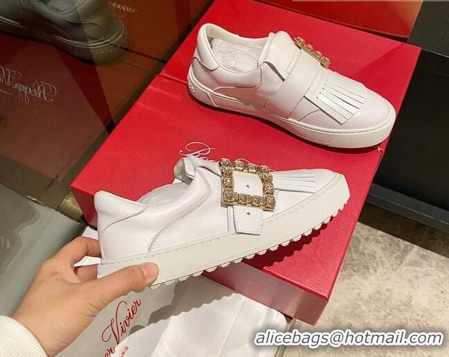 Cheap Price Roger Vivier Tassel Strass Buckle Sneakers in Leather White 904086