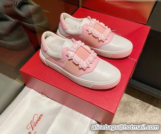 Shop Duplicate Roger Vivier Very Vivier Rubber Buckle Sneakers in Leather White/Light Pink 904088