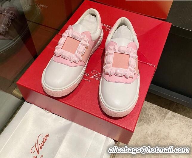 Shop Duplicate Roger Vivier Very Vivier Rubber Buckle Sneakers in Leather White/Light Pink 904088