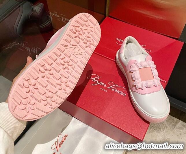 Shop Duplicate Roger Vivier Very Vivier Rubber Buckle Sneakers in Leather White/Light Pink 904088