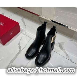 Luxury Discount Roger Vivier Viv' Rangers Metal Buckle Chelsea Boots 6cm in Leather Black 091187