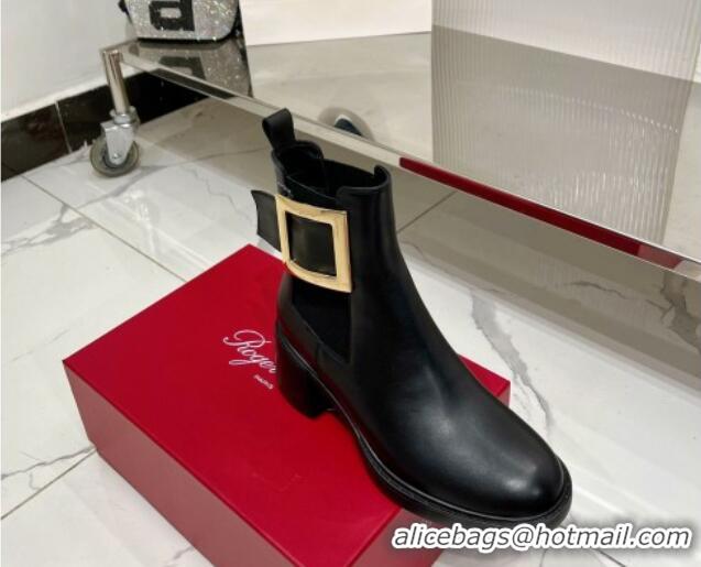 Luxury Discount Roger Vivier Viv' Rangers Metal Buckle Chelsea Boots 6cm in Leather Black 091187