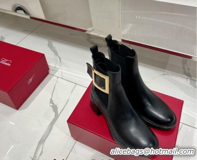 Luxury Discount Roger Vivier Viv' Rangers Metal Buckle Chelsea Boots 6cm in Leather Black 091187