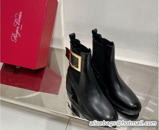 Luxury Discount Roger Vivier Viv' Rangers Metal Buckle Chelsea Boots 6cm in Leather Black 091187