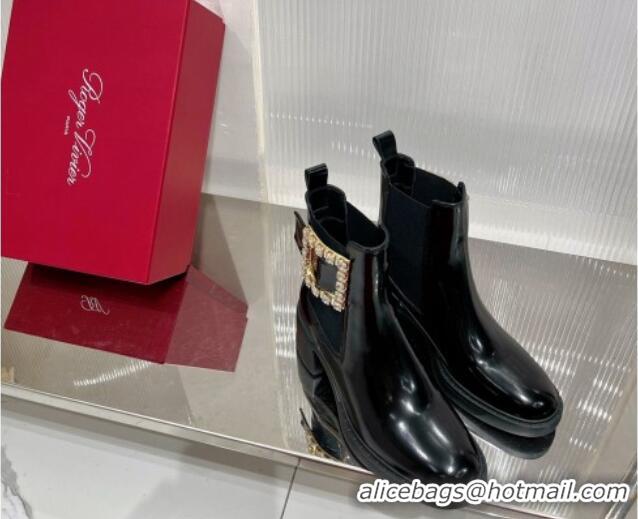 Luxury Roger Vivier Viv' Rangers Strass Buckle Chelsea Boots 6cm in Patent Leather Black 91188