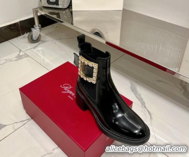 Luxury Roger Vivier Viv' Rangers Strass Buckle Chelsea Boots 6cm in Patent Leather Black 91188