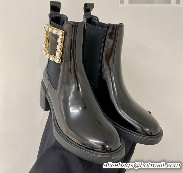 Luxury Roger Vivier Viv' Rangers Strass Buckle Chelsea Boots 6cm in Patent Leather Black 91188