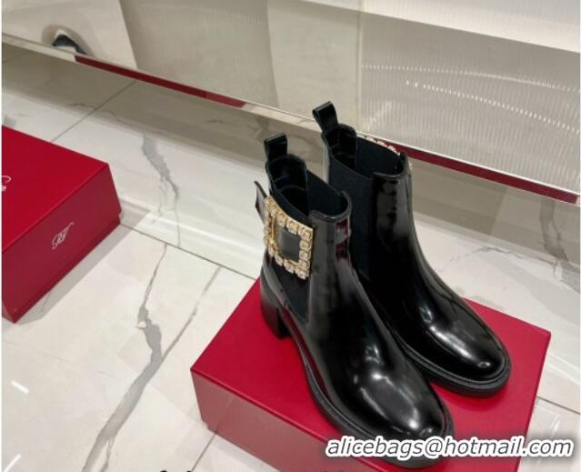 Luxury Roger Vivier Viv' Rangers Strass Buckle Chelsea Boots 6cm in Patent Leather Black 91188