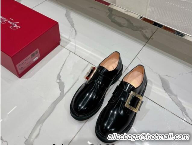 Top Design Roger Vivier Viv' Rangers Metal Buckle Monkstraps Loafers in Shiny Leather Black 091190