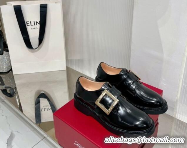 Top Design Roger Vivier Viv' Rangers Metal Buckle Monkstraps Loafers in Shiny Leather Black 091190