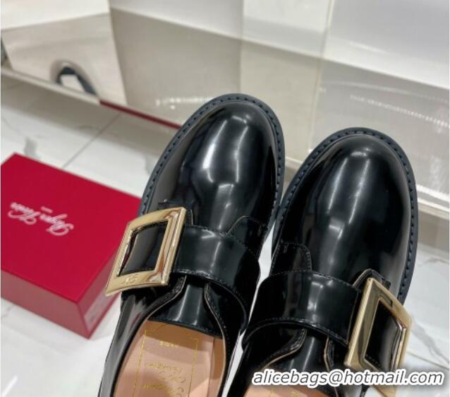 Top Design Roger Vivier Viv' Rangers Metal Buckle Monkstraps Loafers in Shiny Leather Black 091190