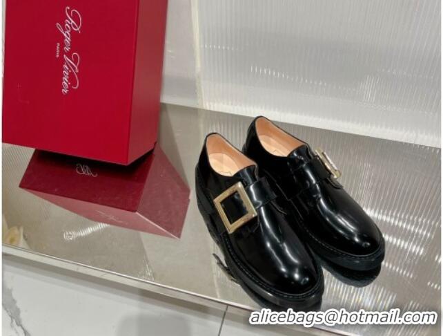 Top Design Roger Vivier Viv' Rangers Metal Buckle Monkstraps Loafers in Shiny Leather Black 091190