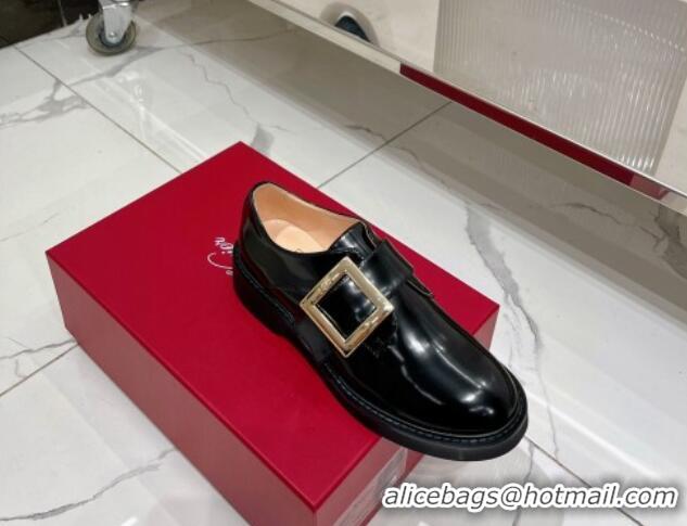 Top Design Roger Vivier Viv' Rangers Metal Buckle Monkstraps Loafers in Shiny Leather Black 091190