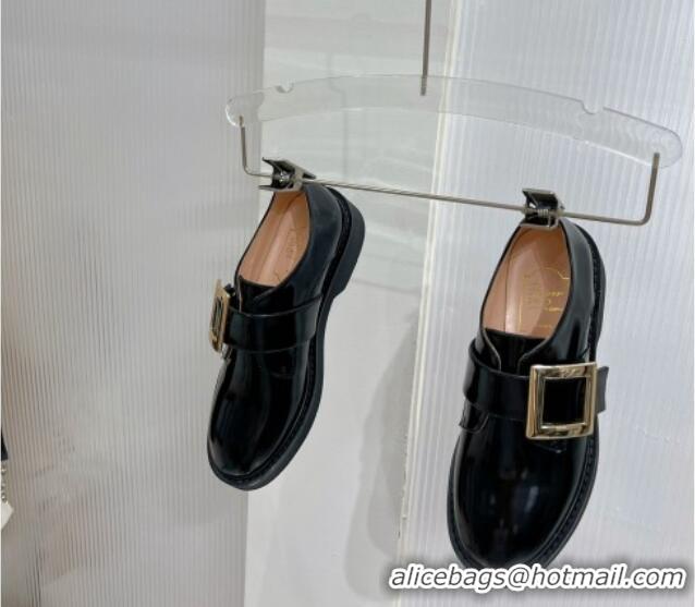 Top Design Roger Vivier Viv' Rangers Metal Buckle Monkstraps Loafers in Shiny Leather Black 091190