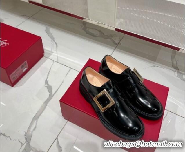 Top Design Roger Vivier Viv' Rangers Metal Buckle Monkstraps Loafers in Shiny Leather Black 091190