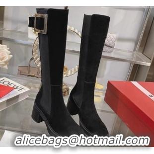 Trendy Design Roger Vivier Viv' Rangers Metal Buckle High Chelsea Boots 6cm in Suede Black 091191