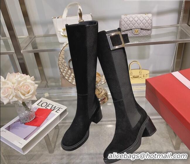 Trendy Design Roger Vivier Viv' Rangers Metal Buckle High Chelsea Boots 6cm in Suede Black 091191