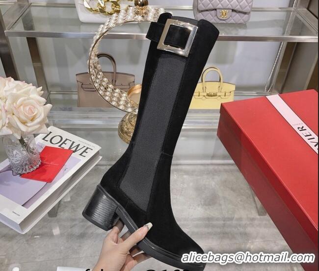 Trendy Design Roger Vivier Viv' Rangers Metal Buckle High Chelsea Boots 6cm in Suede Black 091191